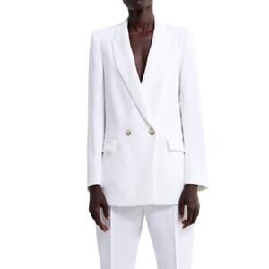 Zara Longline White Double Breasted Blazer Women S Tailored Notch Collar‎ Lined
